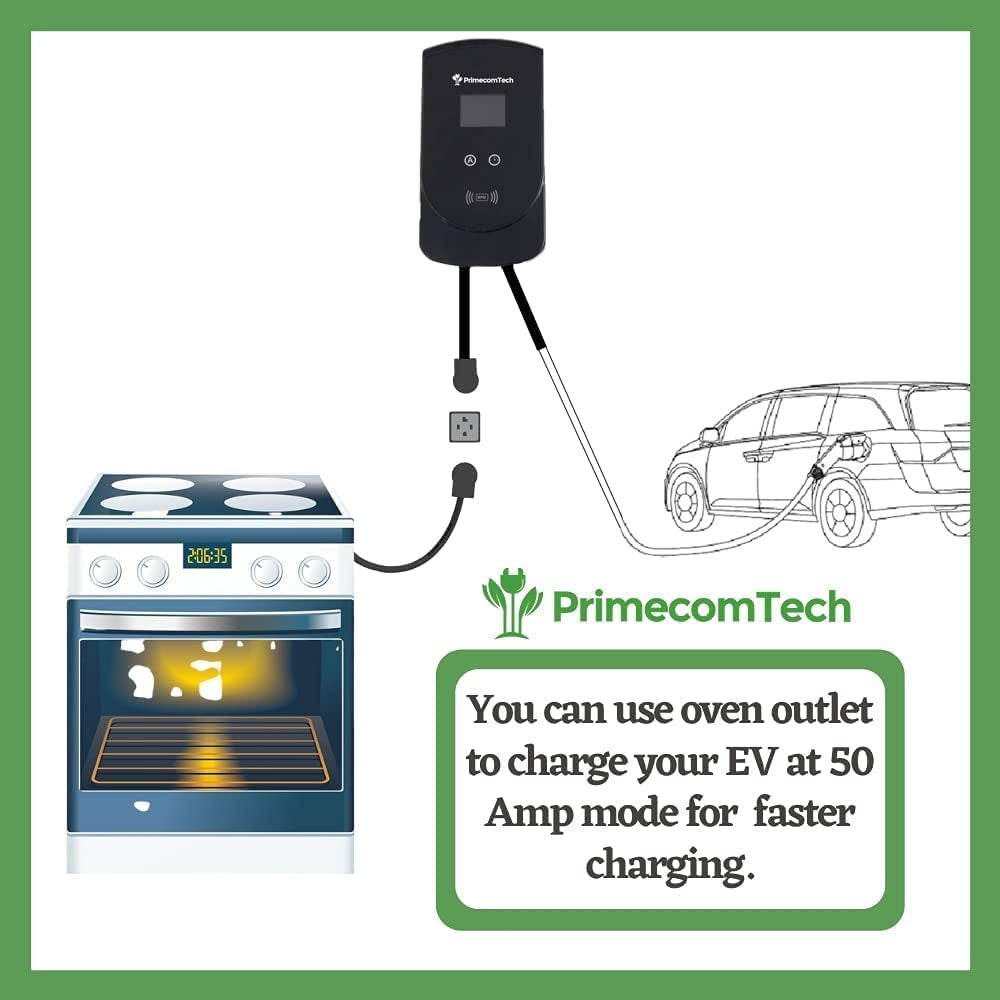 50 Amp - PRIMECOM.TECH Level-2 Smart Electric Vehicle Home Charging Station 220 Volt for Tesla and All EV Brands 30' Feet Length (25 Feet, NEMA 14-50P)