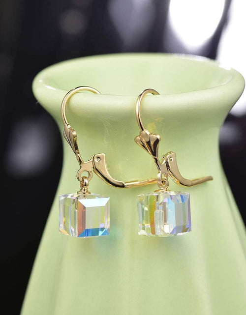 Load image into Gallery viewer, Austrian Crystal Cube Drop Earrings for Women Leverback Dangle Earrings 14K Gold Plated Hypoallergenic Jewelry
