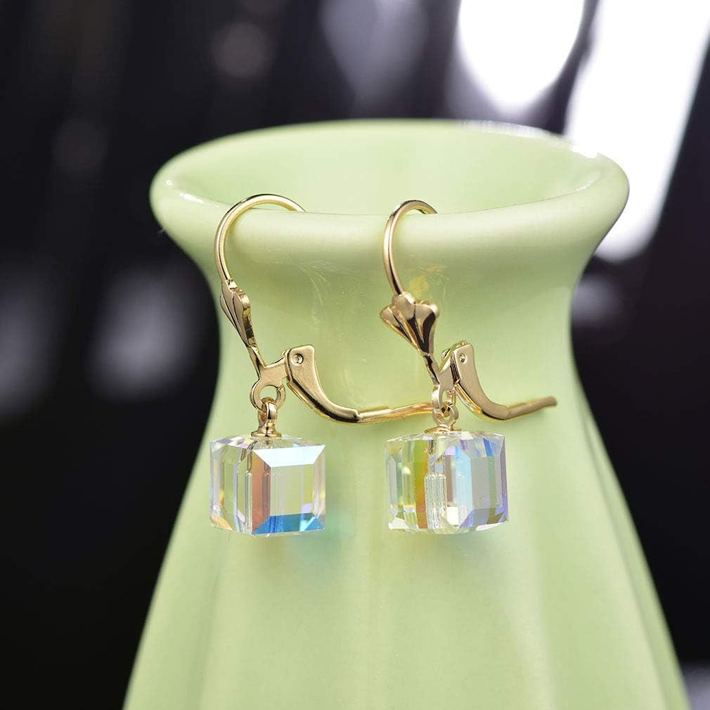 Austrian Crystal Cube Drop Earrings for Women Leverback Dangle Earrings 14K Gold Plated Hypoallergenic Jewelry