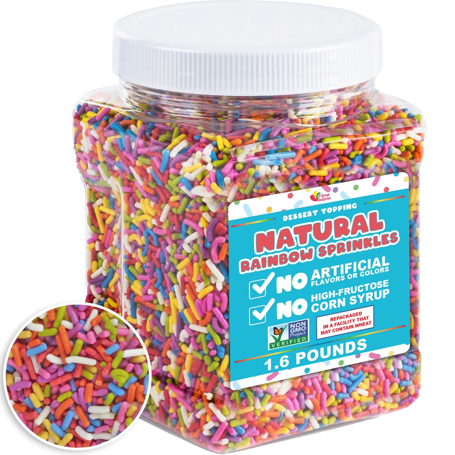 All NATURAL Sprinkles Rainbow - Rainbow Sprinkles with NO ARTIFICIAL COLORS, VEGAN, SOY FREE, EGG FREE - Carnival Sprinkles in Resealable Container, 1.6 LB Bulk Candy