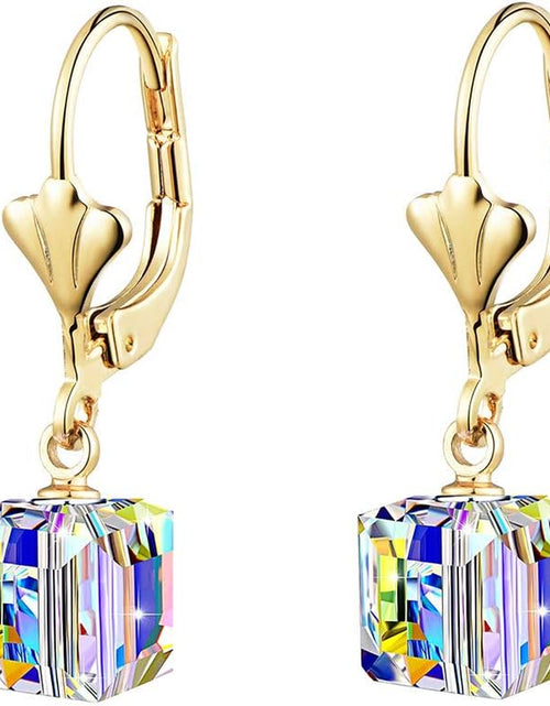 Load image into Gallery viewer, Austrian Crystal Cube Drop Earrings for Women Leverback Dangle Earrings 14K Gold Plated Hypoallergenic Jewelry
