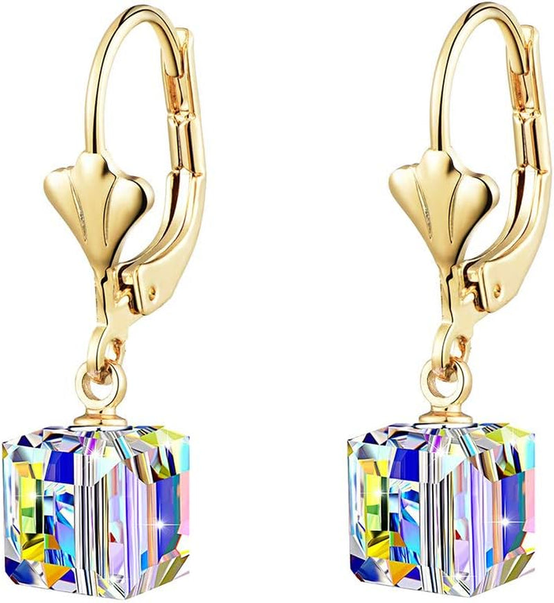 Austrian Crystal Cube Drop Earrings for Women Leverback Dangle Earrings 14K Gold Plated Hypoallergenic Jewelry