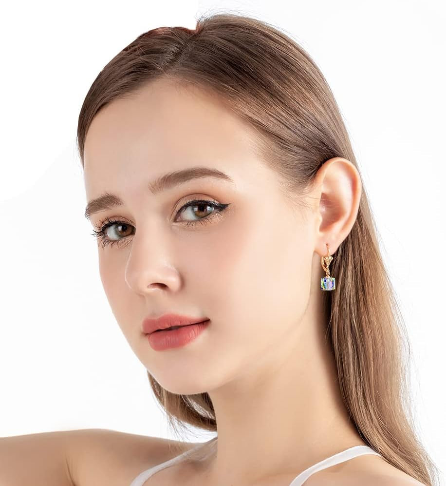 Austrian Crystal Cube Drop Earrings for Women Leverback Dangle Earrings 14K Gold Plated Hypoallergenic Jewelry