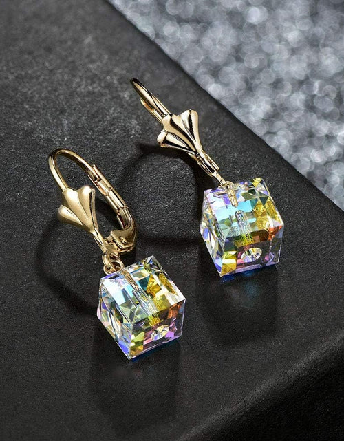 Load image into Gallery viewer, Austrian Crystal Cube Drop Earrings for Women Leverback Dangle Earrings 14K Gold Plated Hypoallergenic Jewelry
