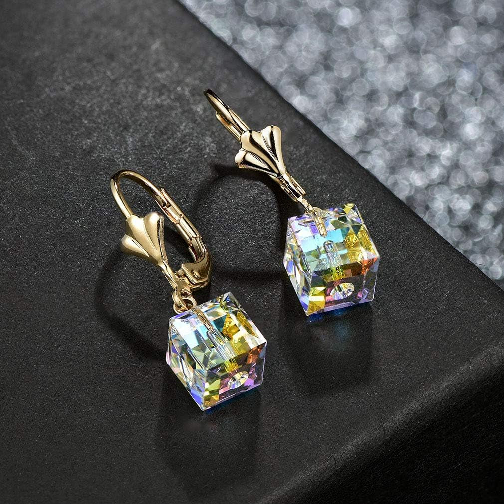 Austrian Crystal Cube Drop Earrings for Women Leverback Dangle Earrings 14K Gold Plated Hypoallergenic Jewelry