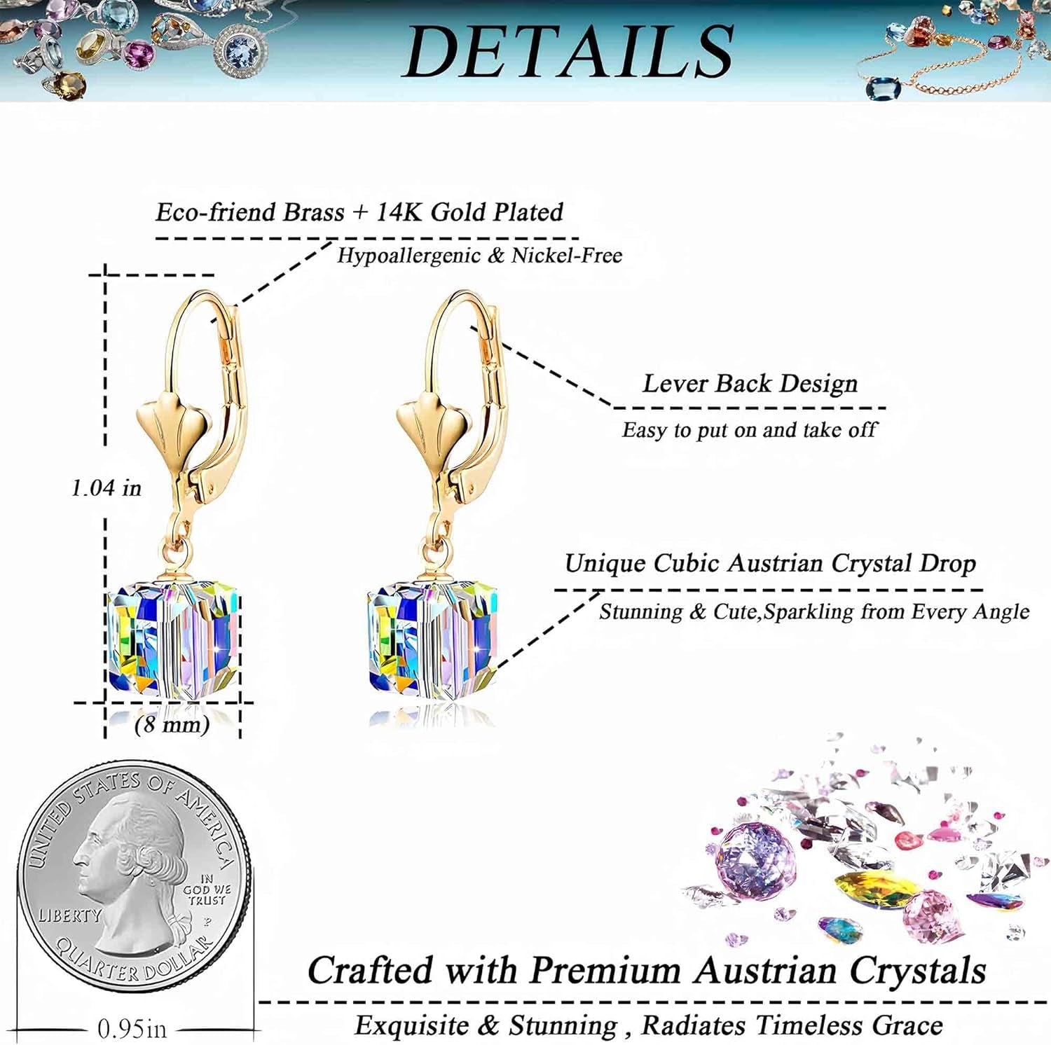 Austrian Crystal Cube Drop Earrings for Women Leverback Dangle Earrings 14K Gold Plated Hypoallergenic Jewelry