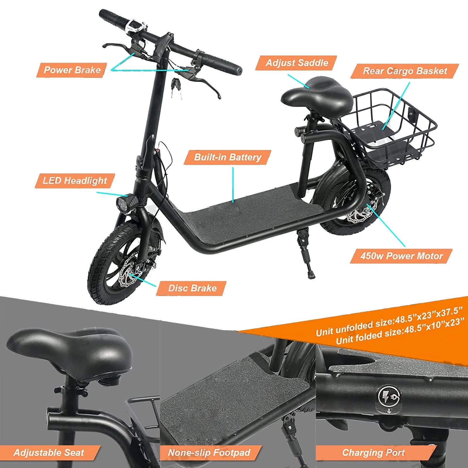 450W 36V Folding Electric Scooters E-Scooter, 12 Inches Tires Sports Electric Scooter with Seat, Adult Electric Bike Ebike Biycle, Electric Moped for Adult Commuter, Black