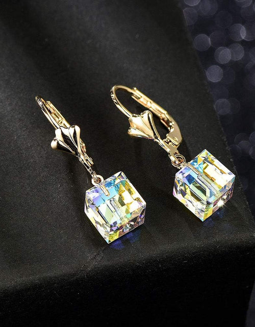 Load image into Gallery viewer, Austrian Crystal Cube Drop Earrings for Women Leverback Dangle Earrings 14K Gold Plated Hypoallergenic Jewelry
