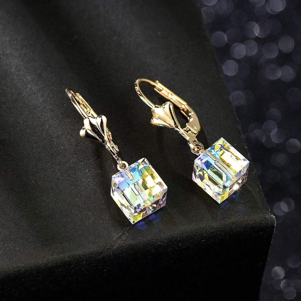 Austrian Crystal Cube Drop Earrings for Women Leverback Dangle Earrings 14K Gold Plated Hypoallergenic Jewelry