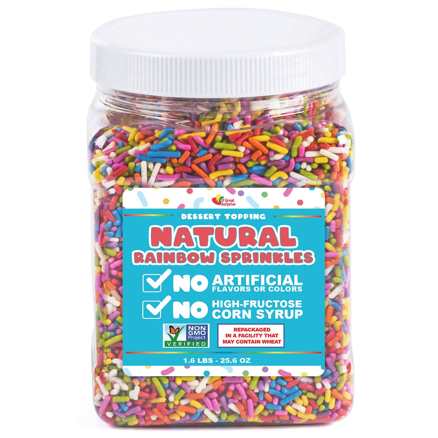 All NATURAL Sprinkles Rainbow - Rainbow Sprinkles with NO ARTIFICIAL COLORS, VEGAN, SOY FREE, EGG FREE - Carnival Sprinkles in Resealable Container, 1.6 LB Bulk Candy